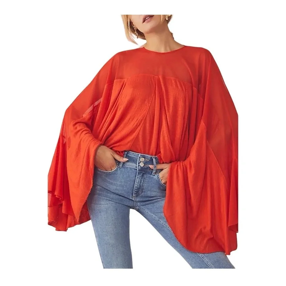 Free People On The Weekend Top‎ Orange Asymmetric Flowy Boho Blouse Tunic Sz S